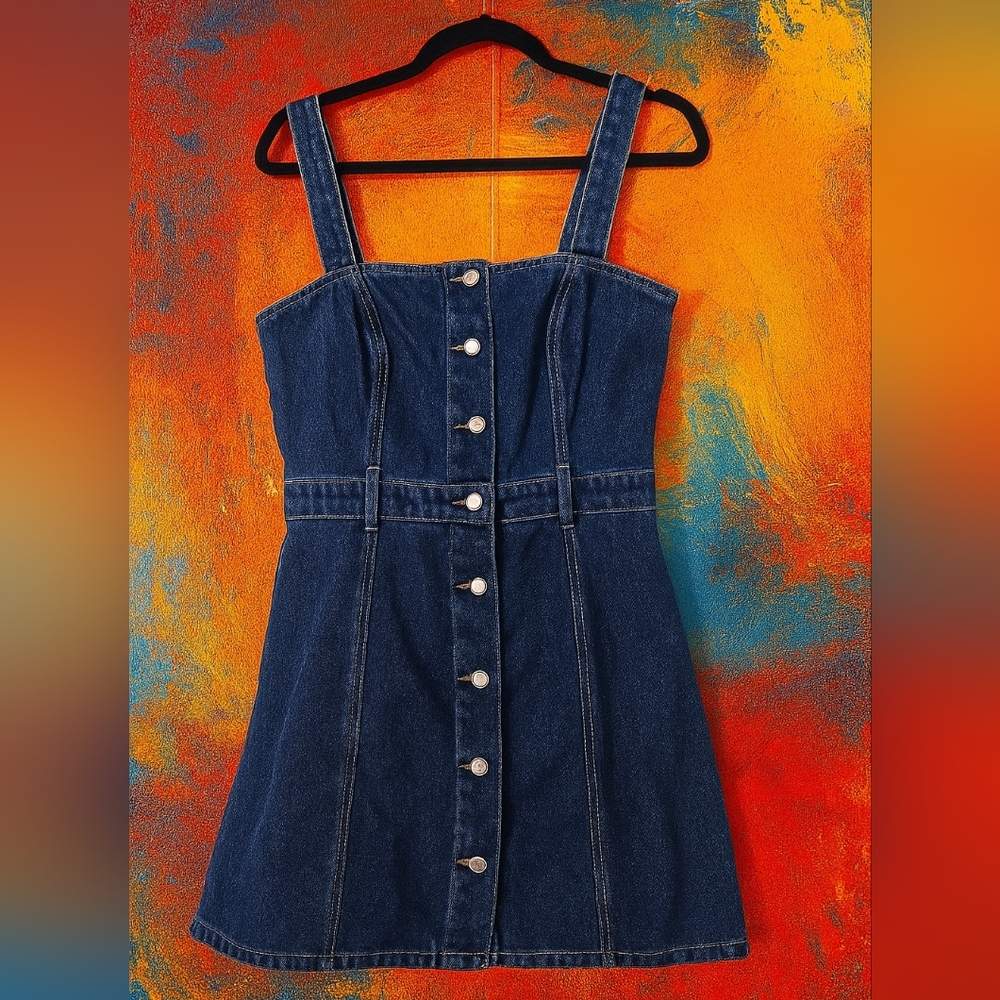 Button Front Denim Mini Dress - Sleeveless, Size Med